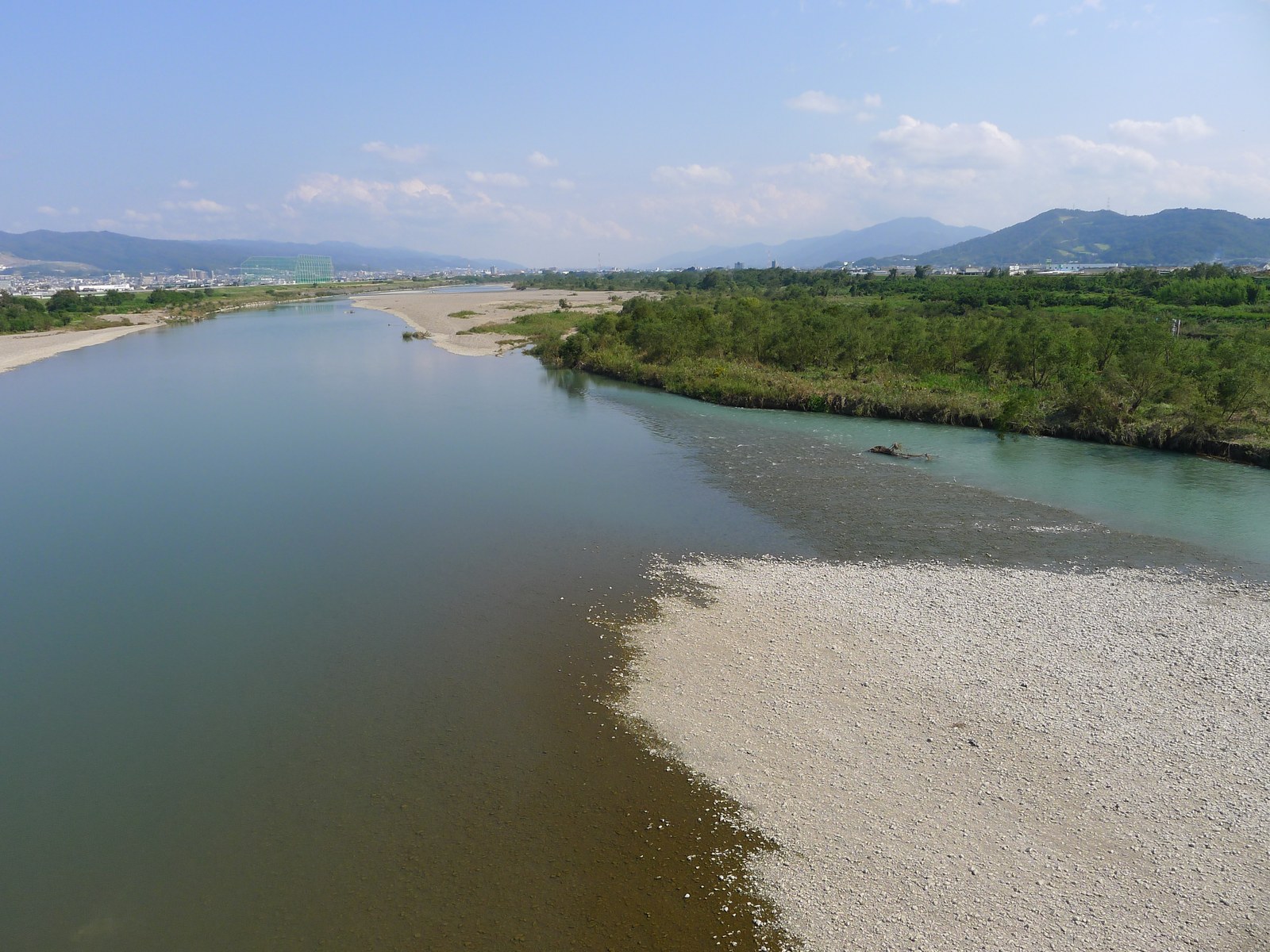 紀の川沿いに広がる明るい果樹園と青空